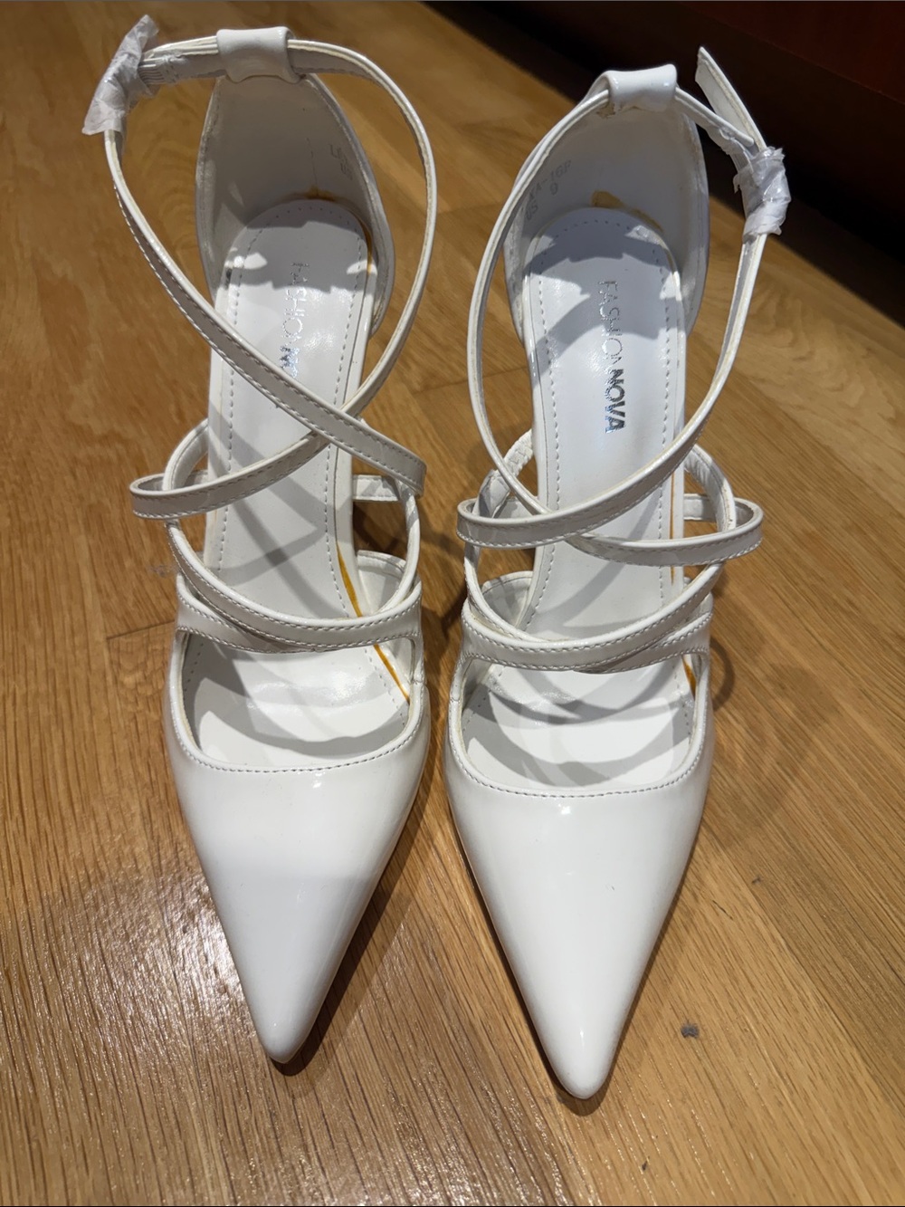 Fashion Nova White Patent Pointed-Toe Strappy Heels